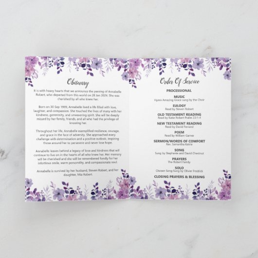 Beerdigungsprogramm - Design der Lila Wilden Blume Programm (Innenseite)