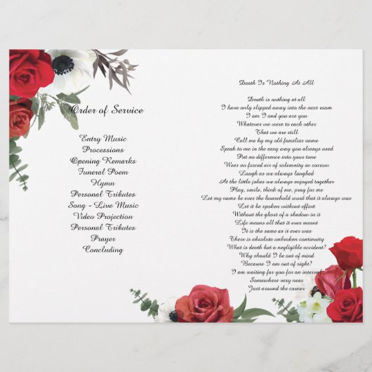 Beerdigungsprogramm für bifalte Rote Rosen Flyer (Hinten)