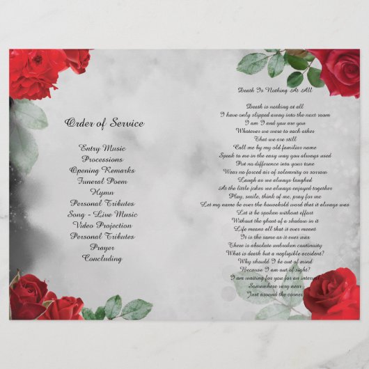 Beerdigungsprogramm für bifalte Rote Rosen Flyer (Hinten)