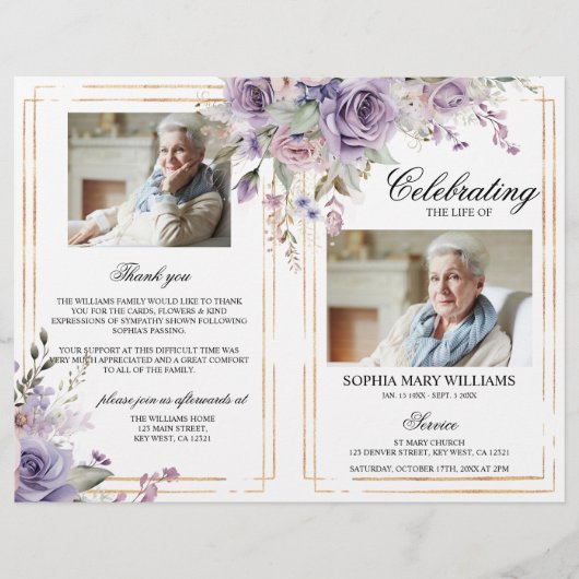 Beerdigungsprogramm für lila Beerdigung | Dienstpl (Vorderseite)