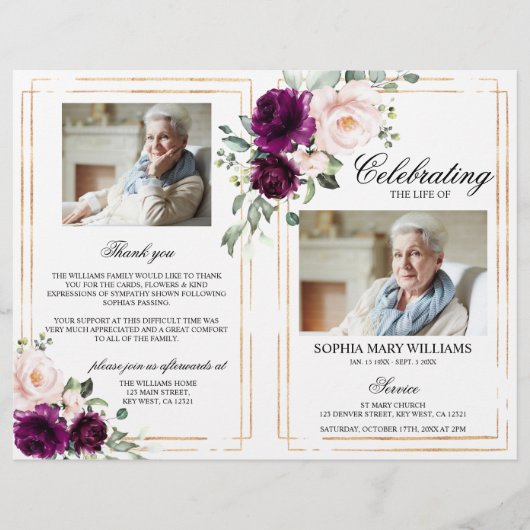 Beerdigungsprogramm für lila Beerdigung | Dienstpl (Vorderseite)