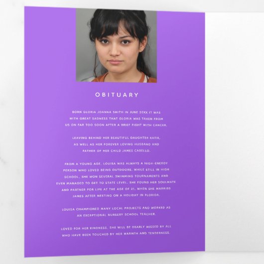 Beerdigungsprogramm in unseren Herzen lila Dreifach-gefaltete Programmkarte (Innen Erste Seite)