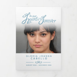 Beerdigungsprogramm in unseren Herzen weiß blau Dreifach-gefaltete Programmkarte