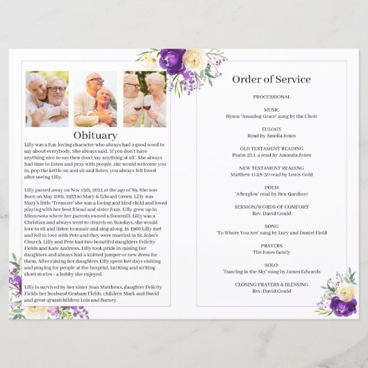 Beerdigungsprogramm mit Lila und cremefarbenen Blu (Rückseite)