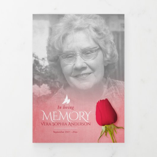 Beerdigungsprogrammordnung rote Rose Dreifach-gefaltete Programmkarte (Cover)