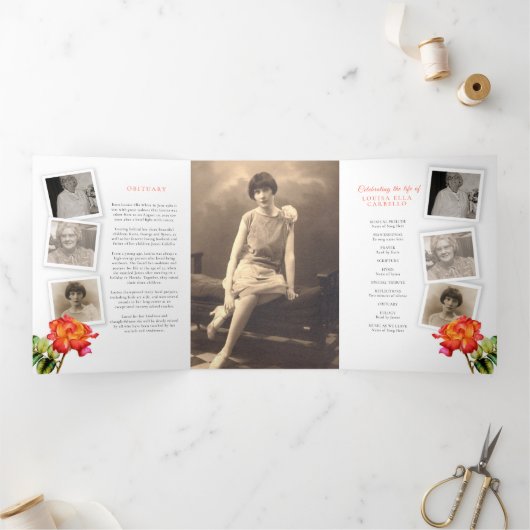 Beerdigungsservice-Programm gestreift Rose rot gel Dreifach Gefaltete Einladung (Innenseite)