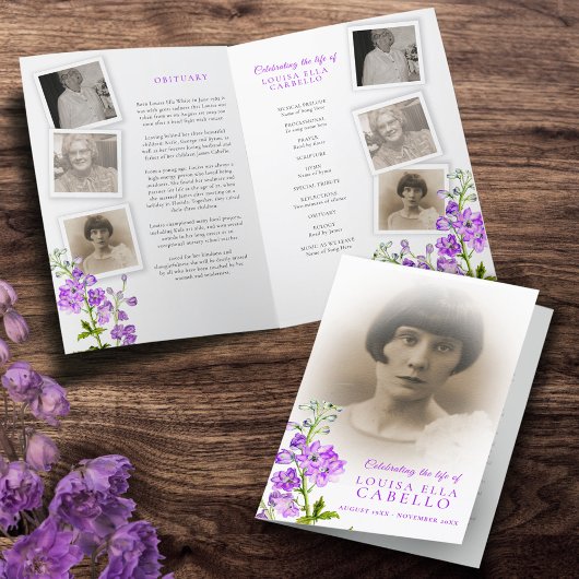 Beerdigungsservice-Programm lila Delphinium-Fotos Programm