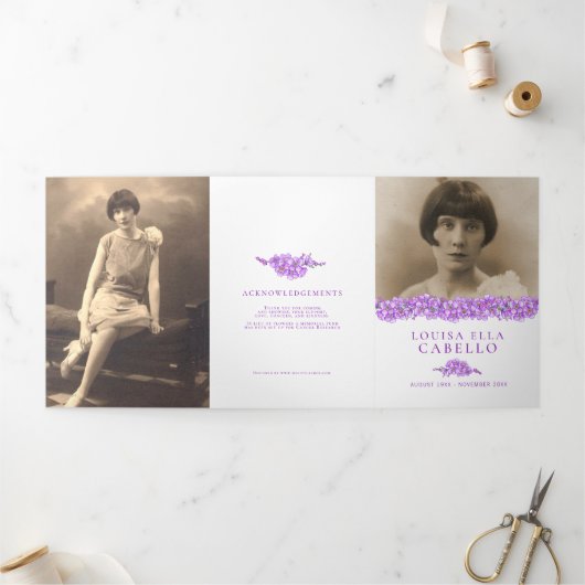 Beerdigungsservice-Programm lila Vergessen-nicht Dreifach-gefaltete Programmkarte (Außenbereich)