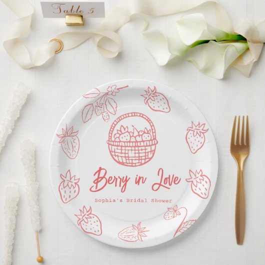 Beere in Liebe Handgezeichnete Erdbeere Junggesell Pappteller (Hochzeit)