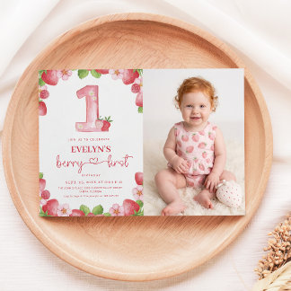 Beeren-Erstgeburtstag Rosa Wasserfarbe Baby-Foto Einladung