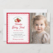 Beeren süß-Erdbeer-Rosa Gingham-Foto Einladung (Vorderseite)