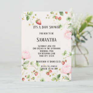 Beeren süße Erdbeeren rosa Blumen Babyparty Einladung