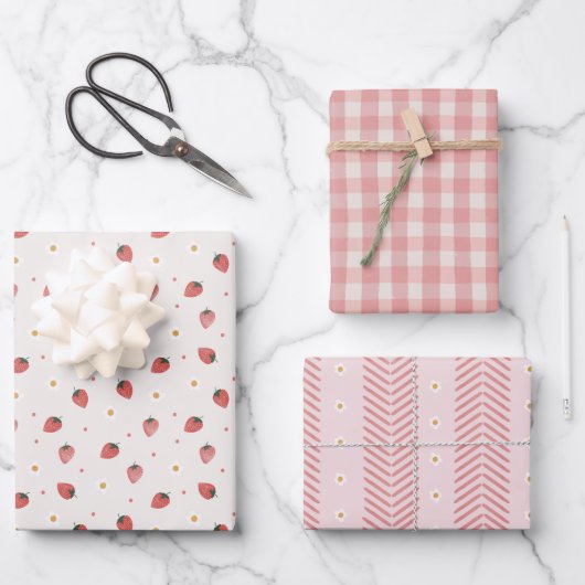 Beerensüße Erdbeeren Rosa Gingham-Margeriten Geschenkpapier Set (Vorderseite)