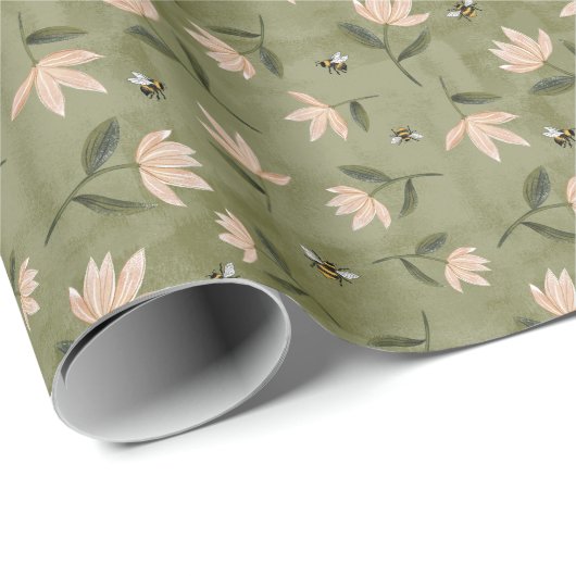 Bees Flowers Sage Green Wrapping Paper Geschenkpapier (Rolleneckpunkt)