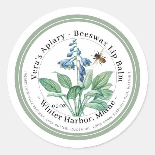 BeesWachs Lip Balm Label mit Blauen Blumen und Bie Runder Aufkleber (Vorderseite)