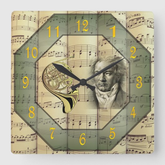 Beethoven ~ Symphony Orchestra ~ French Horn ~ Quadratische Wanduhr (Vorderseite)
