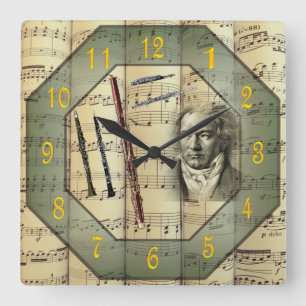 Beethoven - Symphony Orchestra - Woodwind Instrume Quadratische Wanduhr