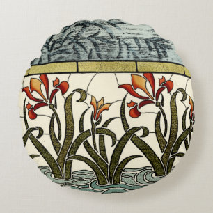 Beflecktes Glas-Blumen mit TAN-Grenze Rundes Kissen