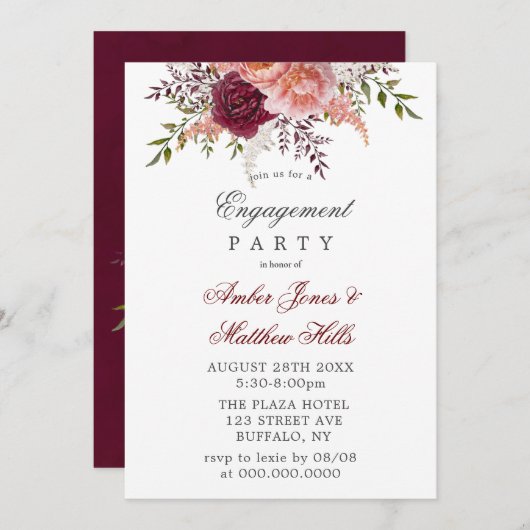 Begegnungspartei "Blush and Burgund Peony" Einladung (Vorne/Hinten)