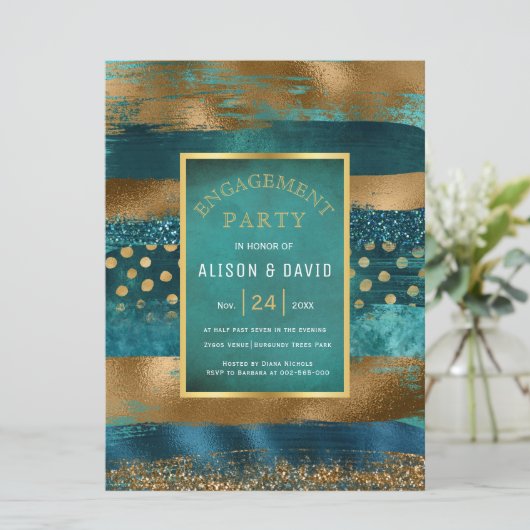 Begegnungsparty mit Gold und aquamarinen Farbstric Einladung (Stehend Vorderseite)