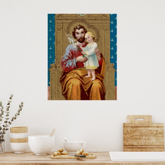 Begeisterter St. Joseph mit Kleinkind-Christkind Poster (Küche)