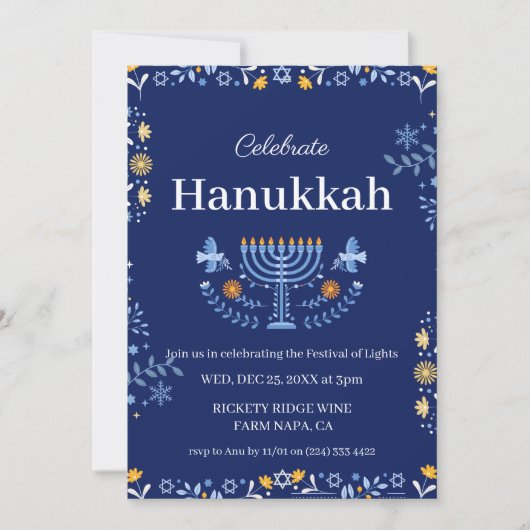 Begleiten Sie uns zu einer fröhlichen Hanukkah-Fei Einladung (Vorderseite)