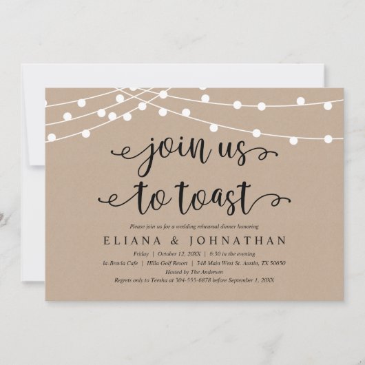 Begleiten Sie uns zum Toast, rustikales Hochzeitse Einladung (Vorderseite)