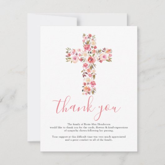Begräbniskreuz Danke | Rosa Floral Mitteilungskarte (Vorderseite)