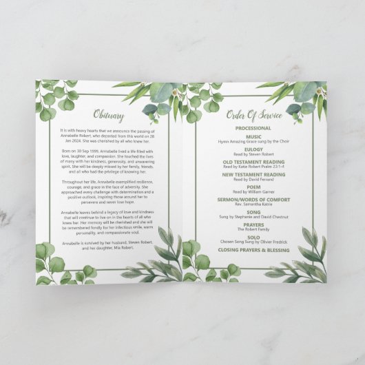 Begräbnisprogramm - Design der Eukalyptus-Blätter Programm (Innenseite)