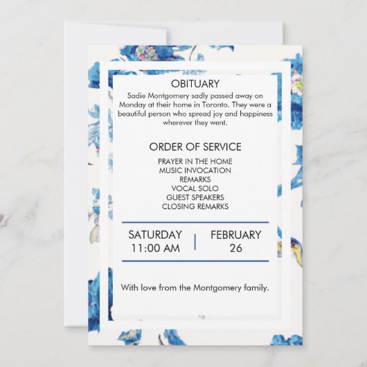 Begräbnisprogramm für Blaue Flora Einladung (Rückseite)