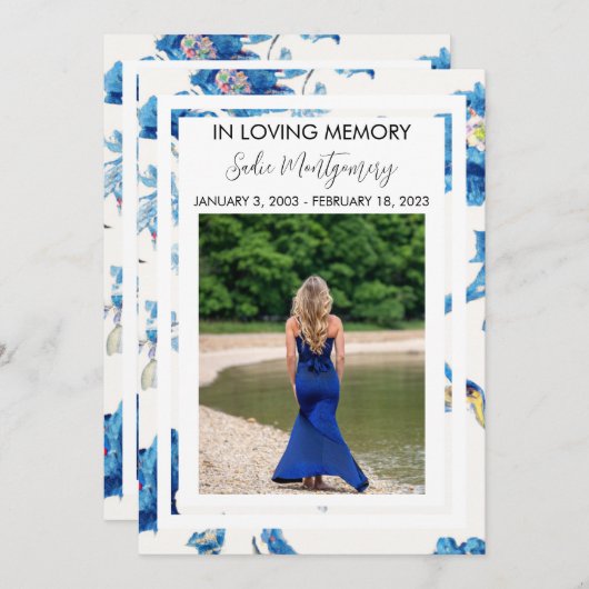 Begräbnisprogramm für Blaue Flora Einladung (Vorne/Hinten)