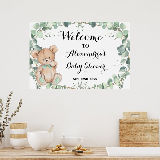 Begrüßen Sie das Greenery Bear Gold Baby Shower Po Poster (Küche)