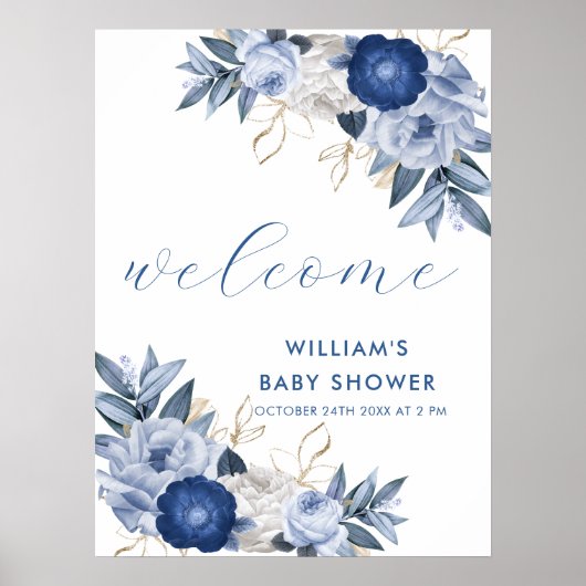 Begrüßen Sie das Schild Blue White Floral Baby Dus (Vorne)