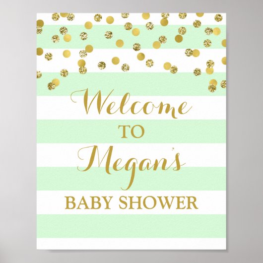 Begrüßung Baby Duschgel Minze Streifen Gold Confet Poster (Vorne)