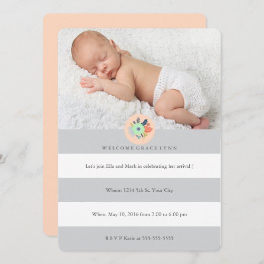 Begrüßung Baby Einladung in Grau, Korallen und Min (Vorne/Hinten)