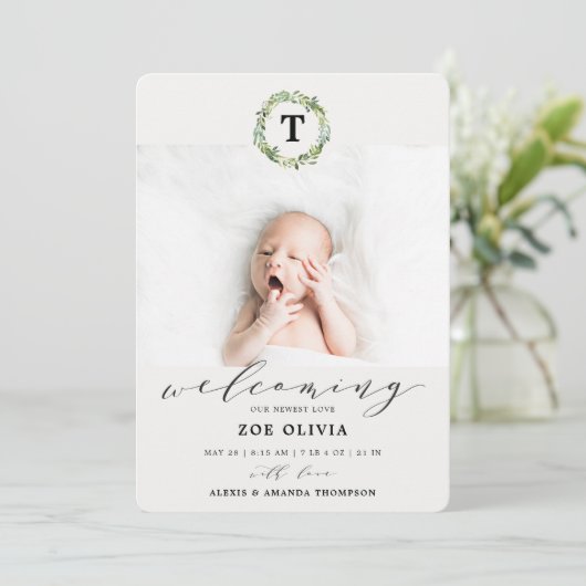 Begrüßung Baby Eukalyptus Greenerenery Monogram Bi Ankündigung (Stehend Vorderseite)