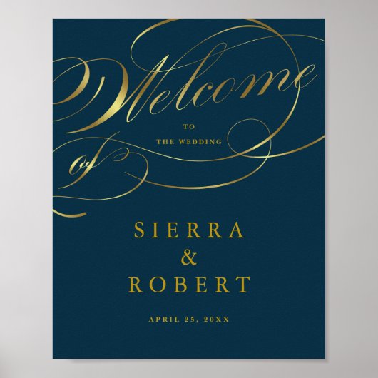 Begrüßung Begrüßung Blaues Gold-Script Poster (Vorne)