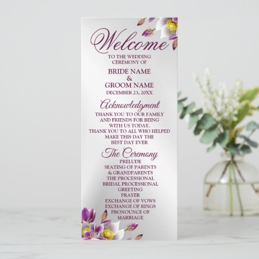 Begrüßung Blumenrosa Lila Silberelegant Programm (Stehend Vorderseite)