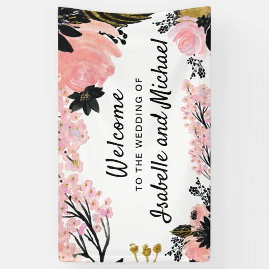 Begrüßung Blush Pink, Schwarz und Gold Blüte Banner (Vertikal)