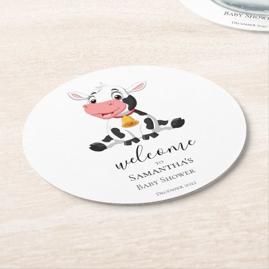 Begrüßung Cartoon Kuh Calf Babydusche Runder Pappuntersetzer (Angewinkelt)
