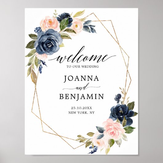 Begrüßung der Hochzeit von Navy Blue Blush Geometr Poster (Vorne)