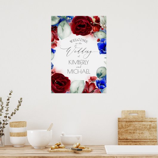 Begrüßung der Hochzeit von Navy Blue und Burgund F Poster (Küche)
