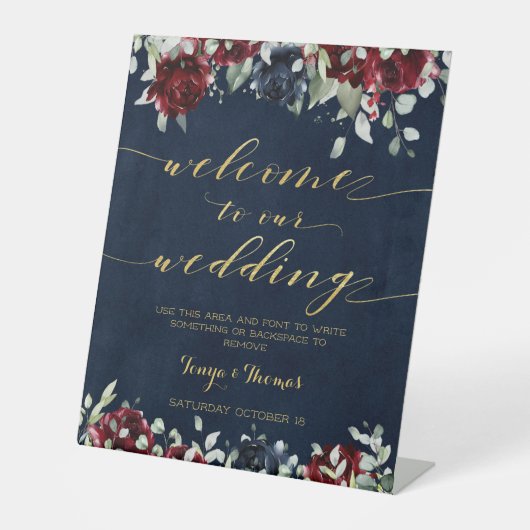 Begrüßung der Hochzeit von Navy Red Peony Gold Cal Sockelschild (Vorderseite)