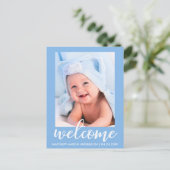 Begrüßung der neuen Baby-Ankündigung Blue Ankündigungspostkarte (Stehend Vorderseite)
