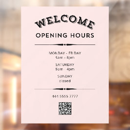 Begrüßung der Öffnungszeiten mit schwarzem QR-Code Fensteraufkleber