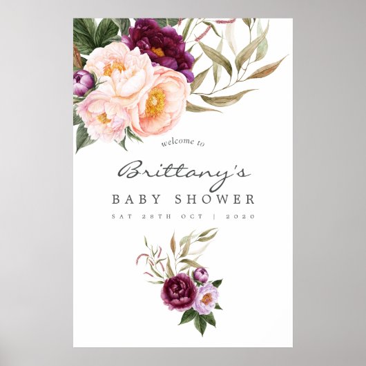 Begrüßung der Peach and Burgundy Bloral Baby Dusch Poster (Vorne)