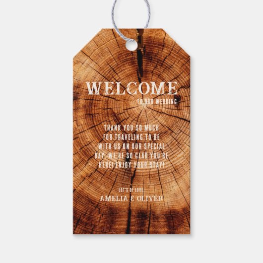 Begrüßung der Rustikalen Holzbaum-Slice Monogram Geschenkanhänger (Vorderseite)