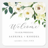 Begrüßung der weißen Blütenhochzeit Quadratischer Aufkleber (Vorderseite)