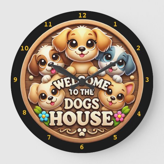 Begrüßung der Zuhause der niedlichen Welpenuhr Große Wanduhr (Vorderseite)