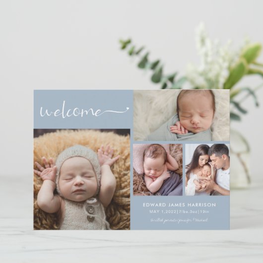 Begrüßung des Baby Foto Collage Blue Geburtserklär Ankündigung (Stehend Vorderseite)